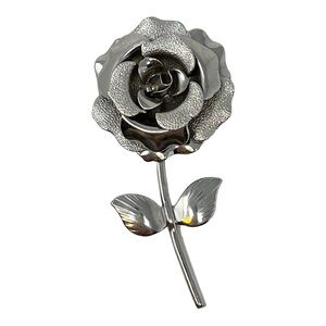 Vintage Silver Tone Rose Brooch, Retro Long Steam
